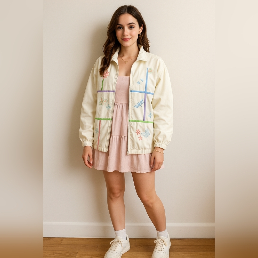 Alia Sport Vintage Windbreaker Jacket White Pink Embroidered Butterfly Floral XL